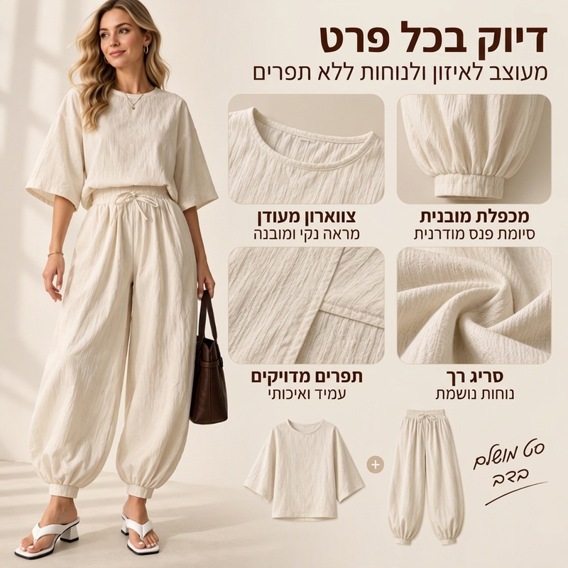 סט נשים עם שרוול עטלף מרקם ומכנסיים בצורת פנס