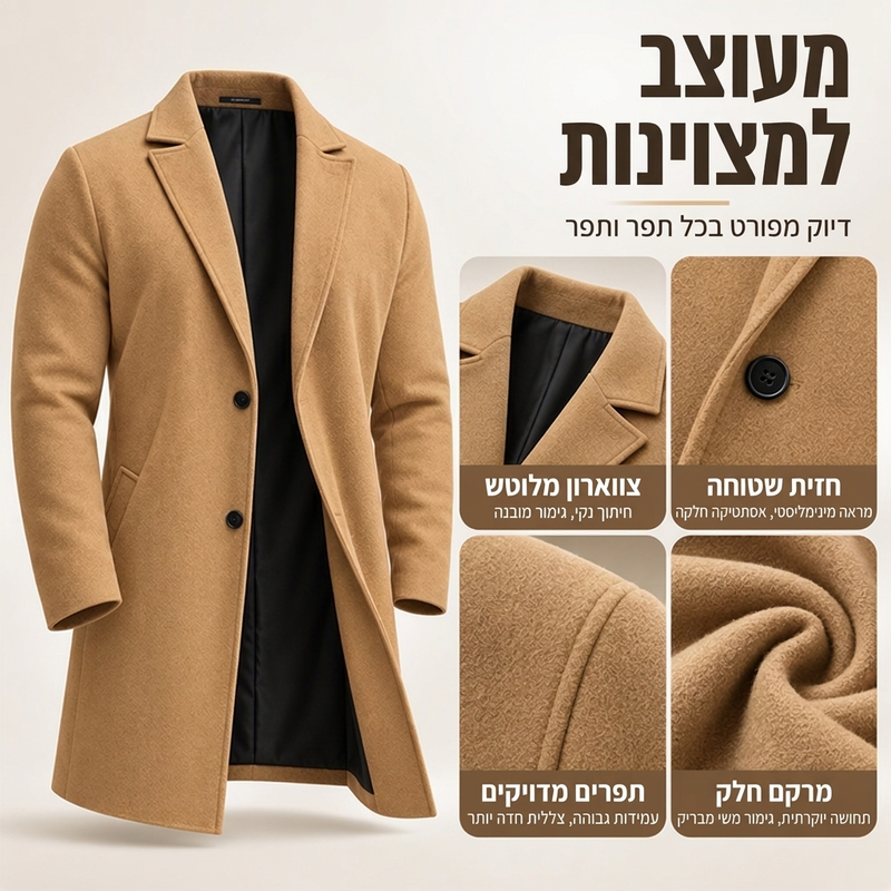 מעיל אוברקלס קלאסי לגברים, חד-שורי, באורך בינוני
