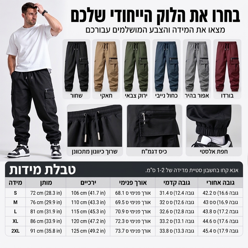 מכנסי קרגו קז'ואל לגבר עם מספר כיסים