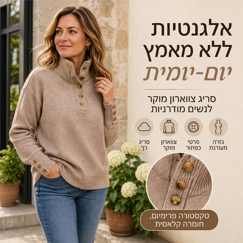 סוודר סרוגי חולצת צווארון קז'ואלי לנשים
