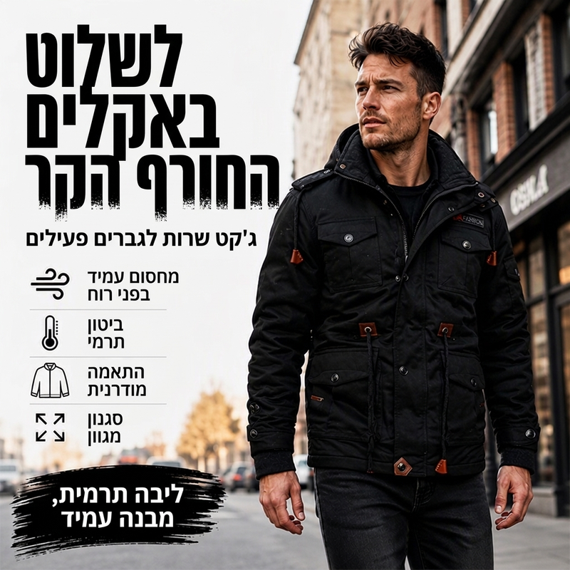 מעיל חורף תרמי לגבר עם מכסה מנוע נשלף