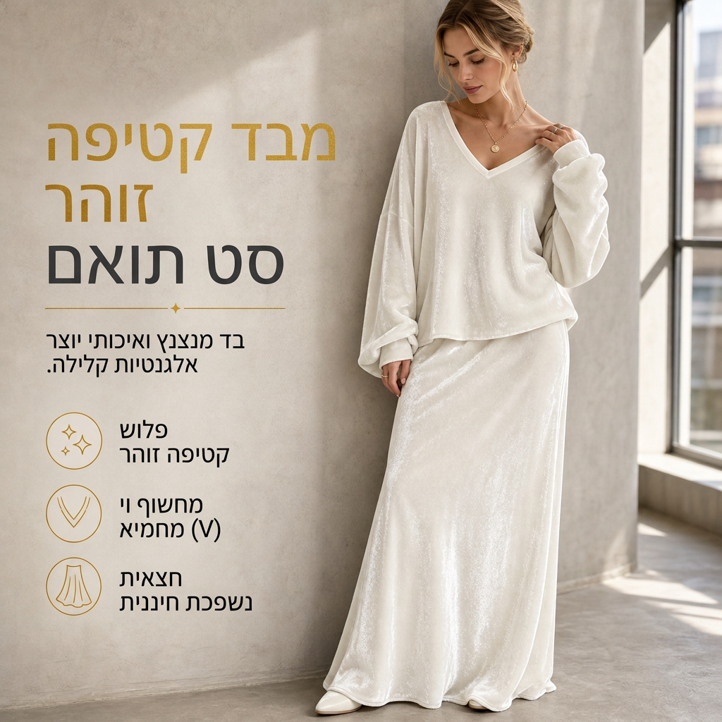 ✨נותרו מלאי מוגבל, אל תפספסו!🎉סט שתי חלקים מקטיפה בצבע אחיד לנשים, עם סווטשירט רפוי צוואר V עמוק וחצאית מקסי מתפשטת