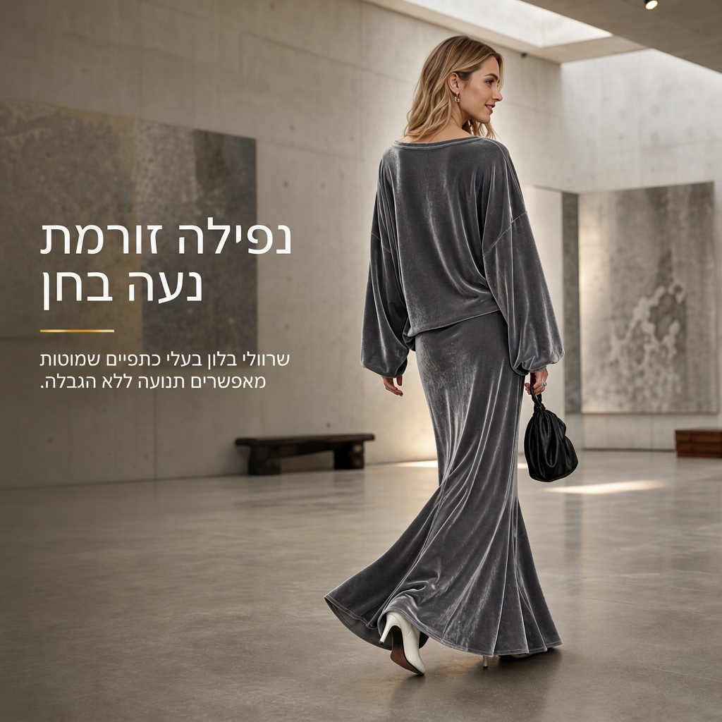 ✨נותרו מלאי מוגבל, אל תפספסו!🎉סט שתי חלקים מקטיפה בצבע אחיד לנשים, עם סווטשירט רפוי צוואר V עמוק וחצאית מקסי מתפשטת