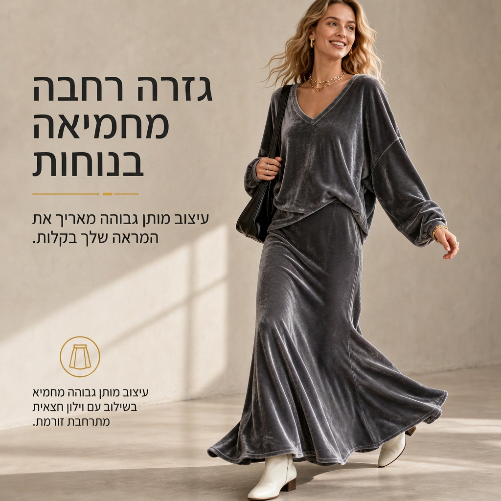✨נותרו מלאי מוגבל, אל תפספסו!🎉סט שתי חלקים מקטיפה בצבע אחיד לנשים, עם סווטשירט רפוי צוואר V עמוק וחצאית מקסי מתפשטת