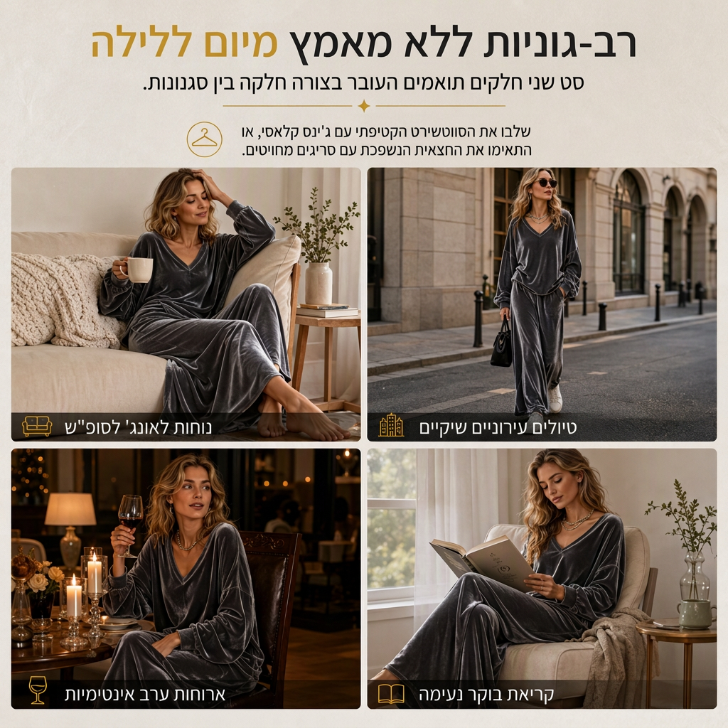 ✨נותרו מלאי מוגבל, אל תפספסו!🎉סט שתי חלקים מקטיפה בצבע אחיד לנשים, עם סווטשירט רפוי צוואר V עמוק וחצאית מקסי מתפשטת