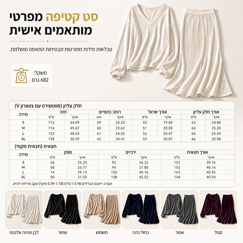✨נותרו מלאי מוגבל, אל תפספסו!🎉סט שתי חלקים מקטיפה בצבע אחיד לנשים, עם סווטשירט רפוי צוואר V עמוק וחצאית מקסי מתפשטת