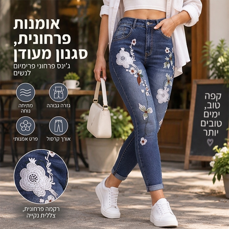 ג'ינס סקיני לנשים רחיב עם רקמת פרחים
