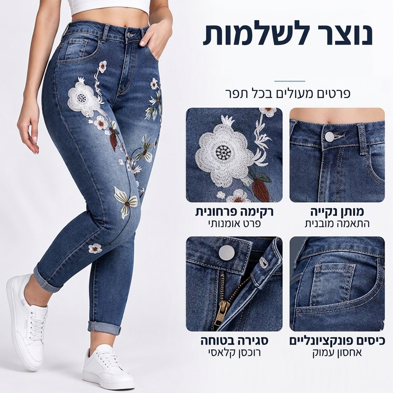 ג'ינס סקיני לנשים רחיב עם רקמת פרחים