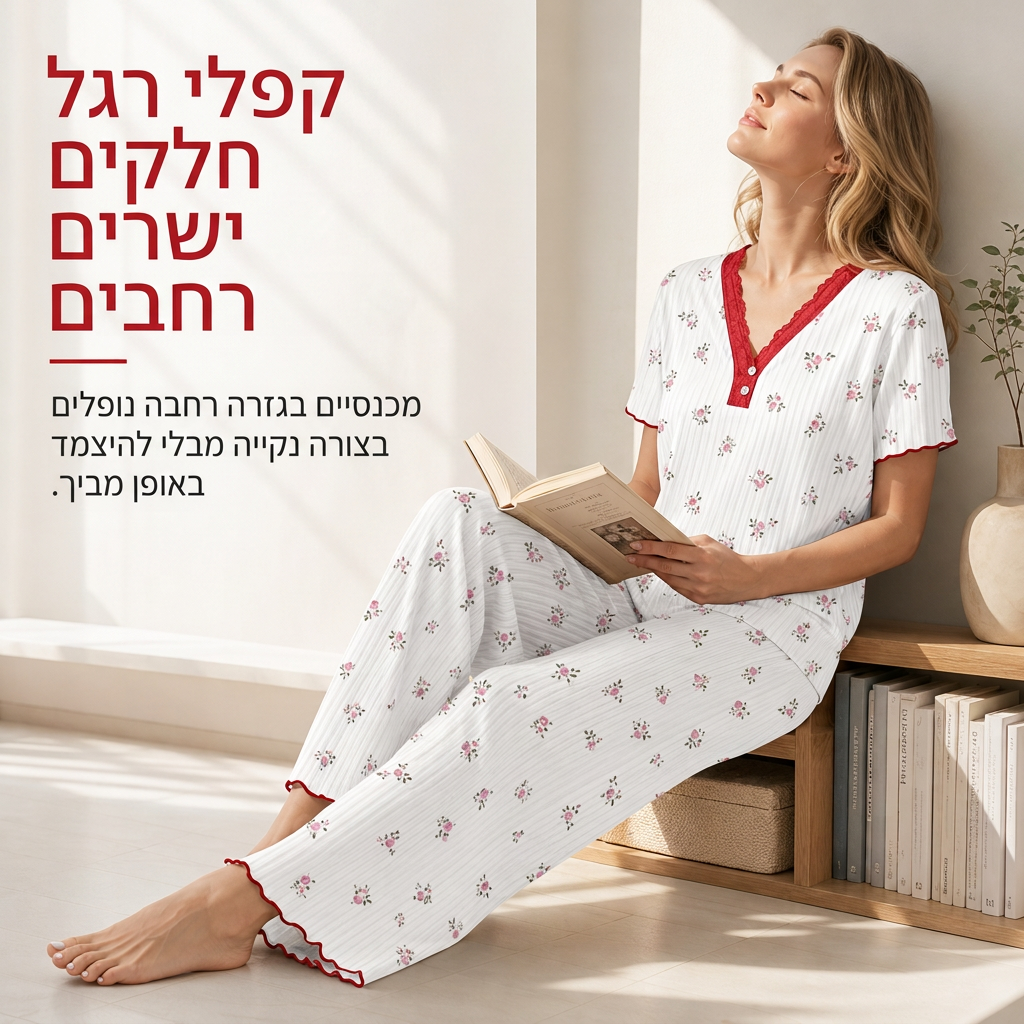 🎉המחיר הכי נמוך אבל האיכות הכי טובה!🔥סט פיג'מה מודפס לנשים חולצה עם שרוול קצר ומכנס ארוך בגדי נוחות ביתיים נמתחים ונוחים