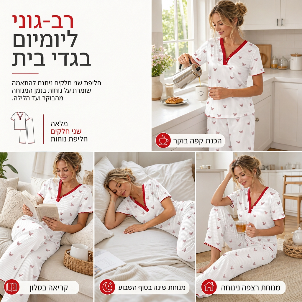 🎉המחיר הכי נמוך אבל האיכות הכי טובה!🔥סט פיג'מה מודפס לנשים חולצה עם שרוול קצר ומכנס ארוך בגדי נוחות ביתיים נמתחים ונוחים