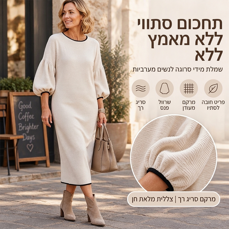 שמלת מידי לנשים עם שרוולים נפוחים וסריג מרקם