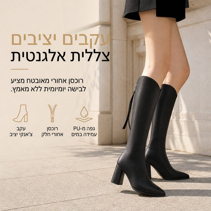 מגפיים נשים לרכיבה בגובה הברך עם אצבע מחודדת, עקב גבוה מסיבי ורוכסן אחורי