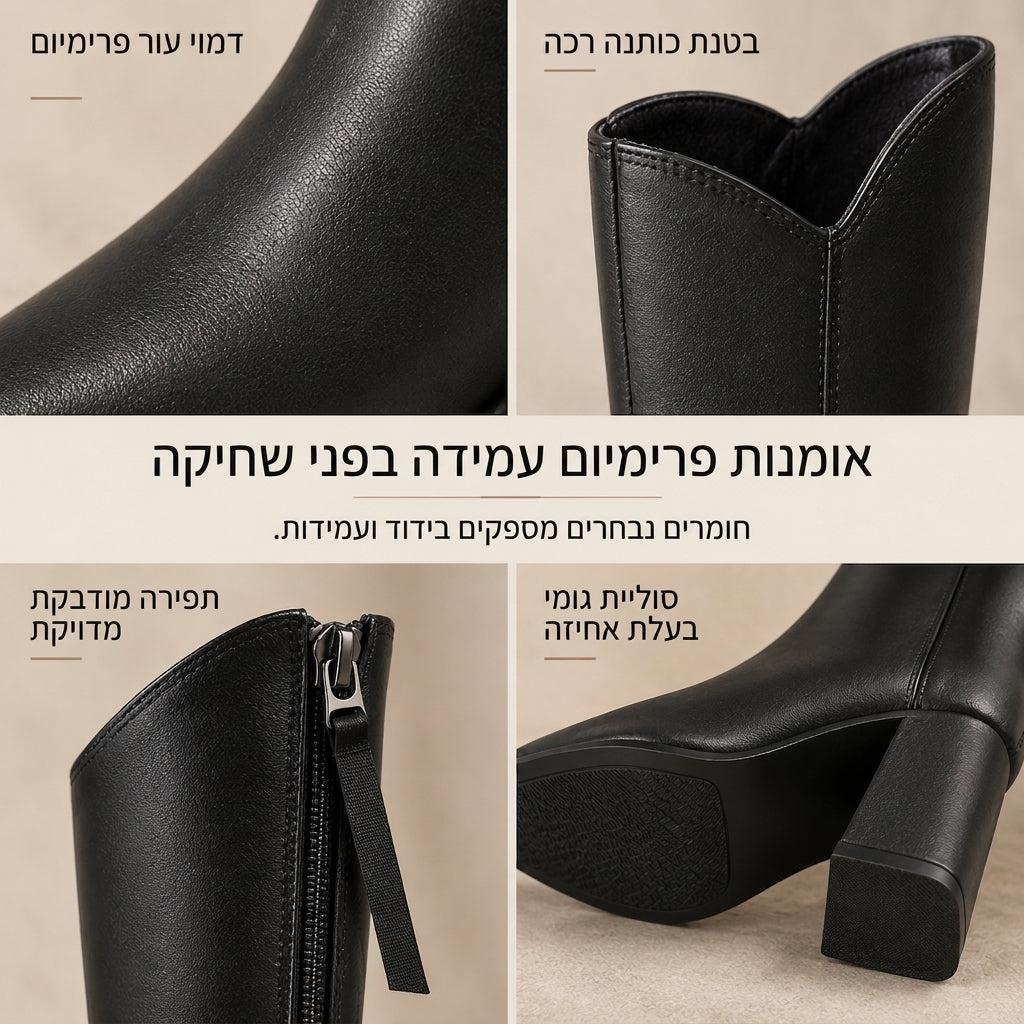 מגפיים נשים לרכיבה בגובה הברך עם אצבע מחודדת, עקב גבוה מסיבי ורוכסן אחורי