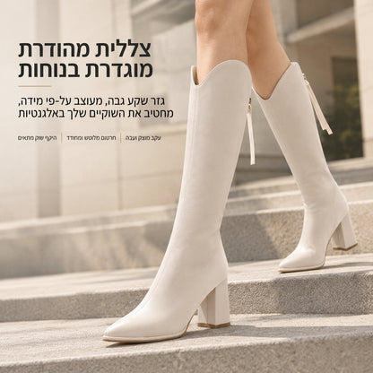 מגפיים נשים לרכיבה בגובה הברך עם אצבע מחודדת, עקב גבוה מסיבי ורוכסן אחורי