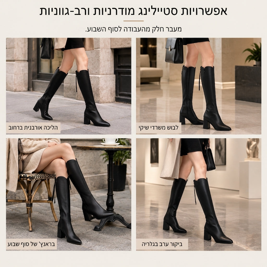 מגפיים נשים לרכיבה בגובה הברך עם אצבע מחודדת, עקב גבוה מסיבי ורוכסן אחורי