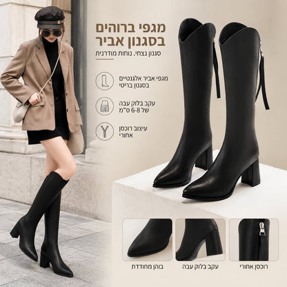 מגפיים נשים לרכיבה בגובה הברך עם אצבע מחודדת, עקב גבוה מסיבי ורוכסן אחורי