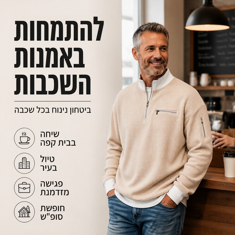 סווטשירט גברים מזדמן עם רוכבע רבעי ממרקם וופל