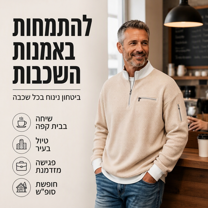 סווטשירט גברים מזדמן עם רוכבע רבעי ממרקם וופל