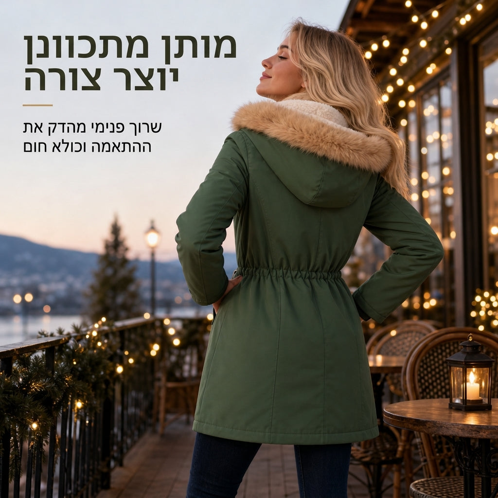 מעיל חורף לנשים עם ברדש פרווה מלאכותית