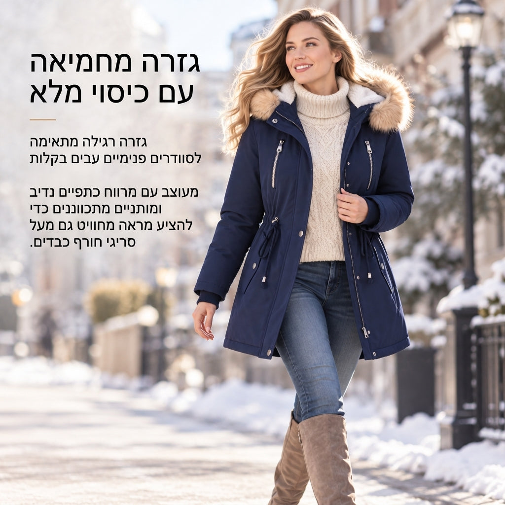 מעיל חורף לנשים עם ברדש פרווה מלאכותית