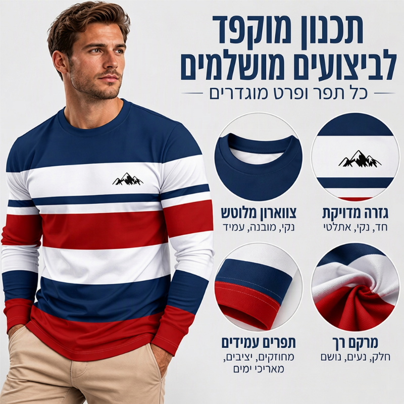 חולצת פסים ארוכת שרוול עם צווארון עגול לגברים
