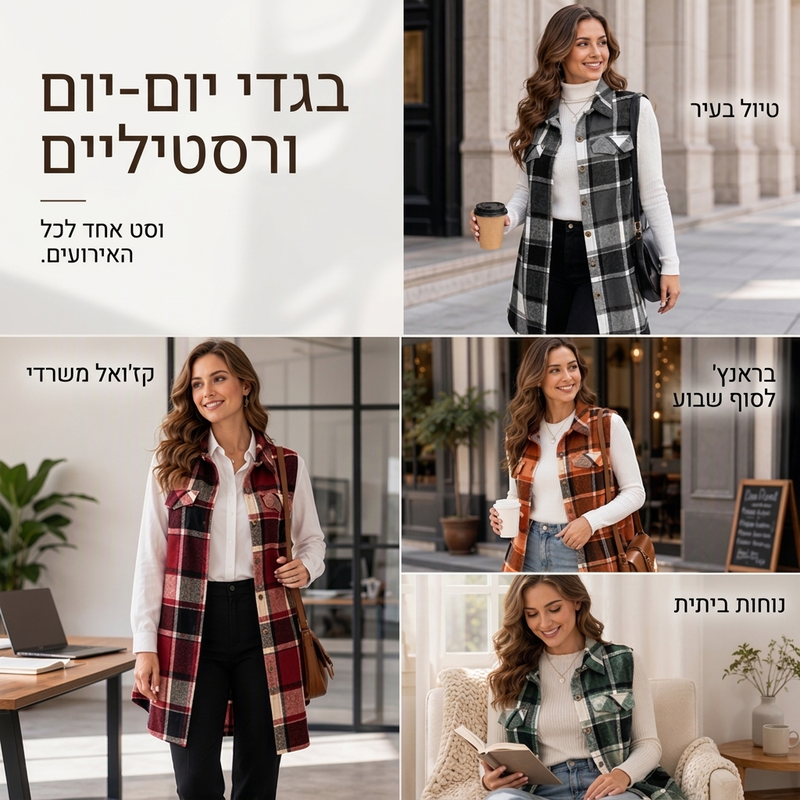 אפוד נשים משובש עם כפתורים וכיסים