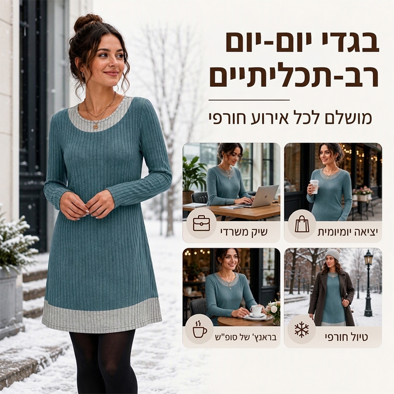 שמלת סריג קז'ואלית לנשים עם טלאים משובצים