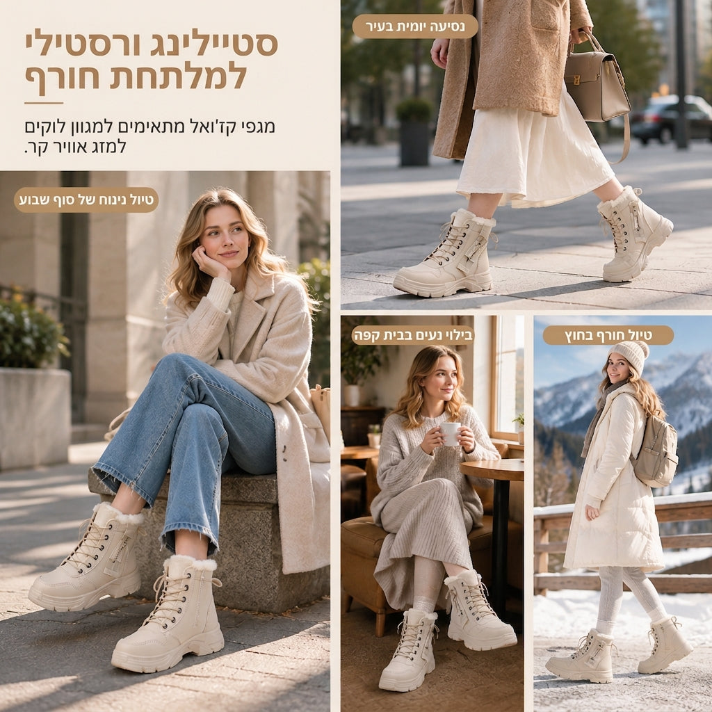 ❄️👢 מגפיי חורף לנשים לגשמים ושלג | לא להישאר עם רגליים קרות בחורף, לא להחליק על כבישים מושלגים – רירית פּלִיש חמה, סולייה עבה ומגפיים עליונים בגובה הקרסול ✨