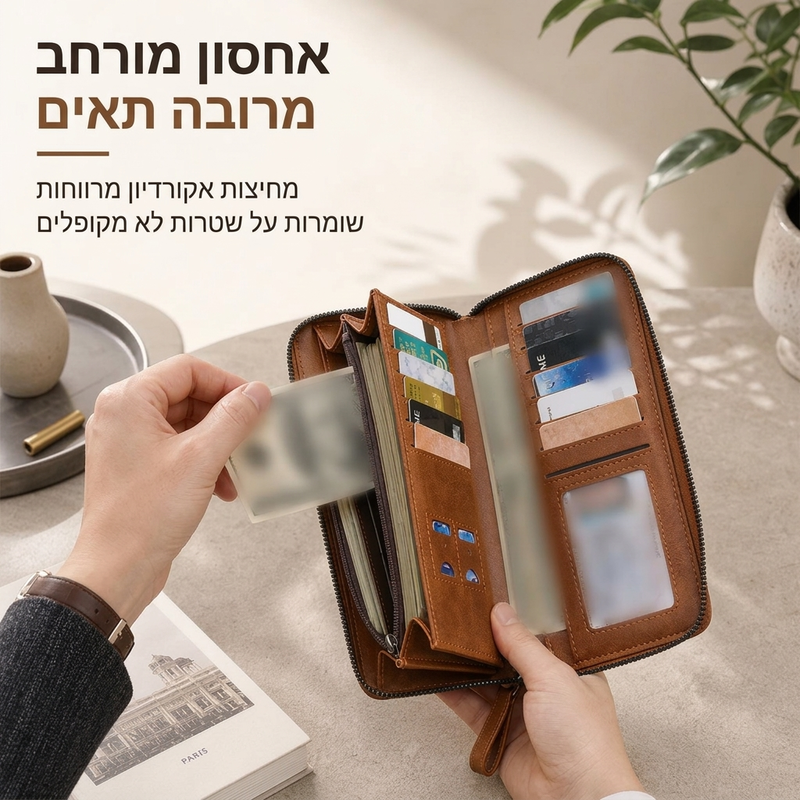 ✈️💳 ארנק קלאץ' יומיומי מסודר – רוכסן קשיח, שטרות שטוחים, תאים מרובים, עמיד בפני שריטות