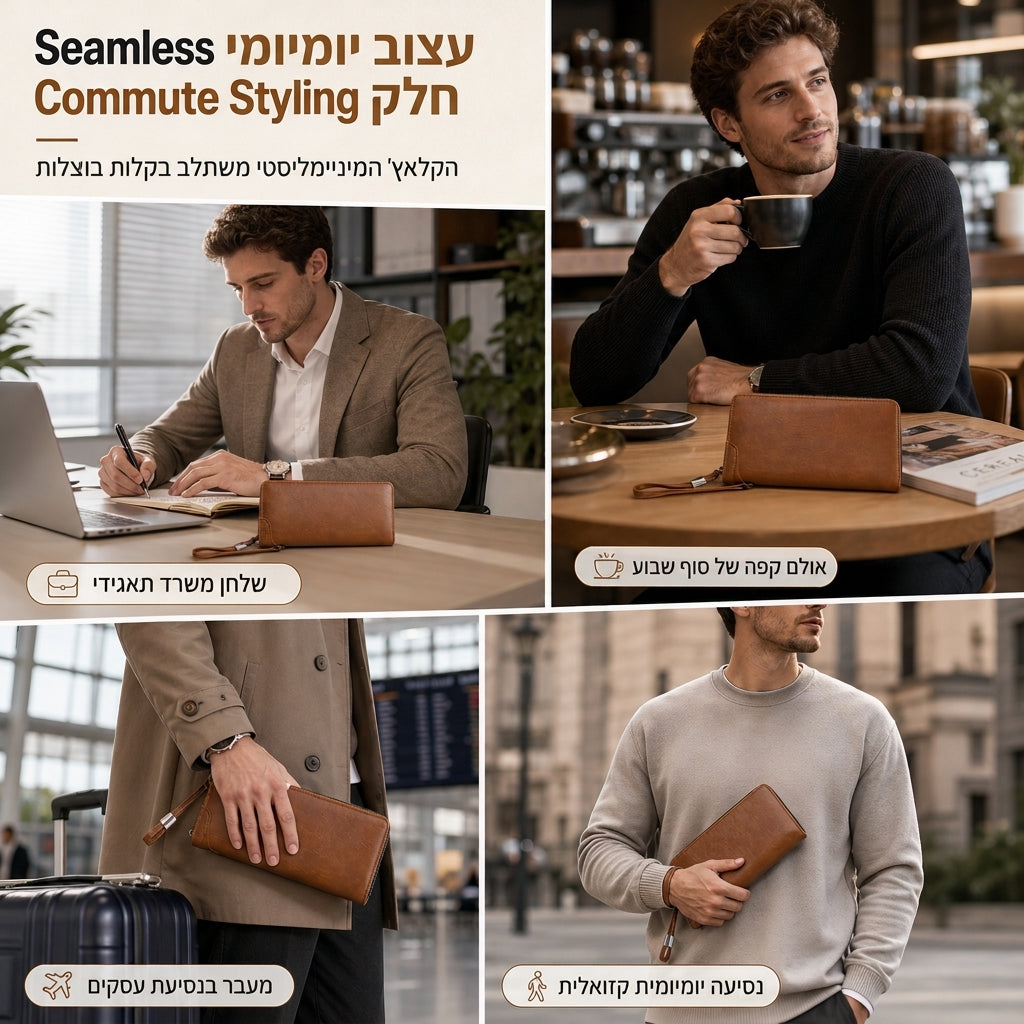 ✈️💳 ארנק קלאץ' יומיומי מסודר – רוכסן קשיח, שטרות שטוחים, תאים מרובים, עמיד בפני שריטות