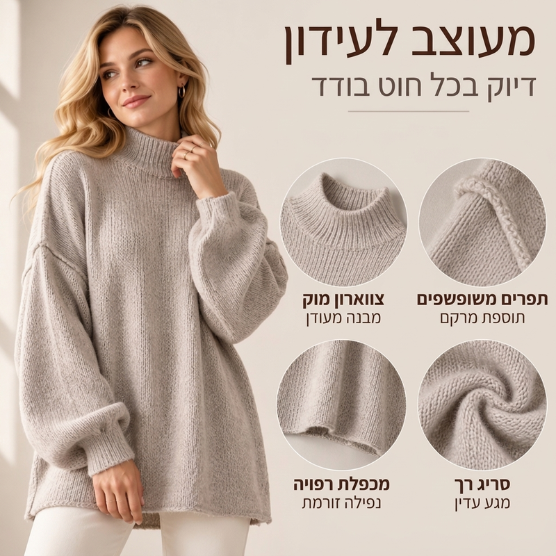 סוודר סרוג צווארון גבוה רחב לנשים