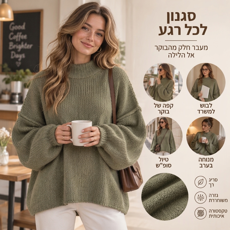 סוודר סרוג צווארון גבוה רחב לנשים