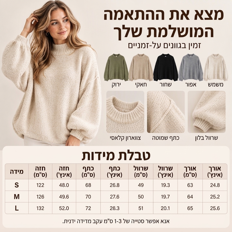 סוודר סרוג צווארון גבוה רחב לנשים