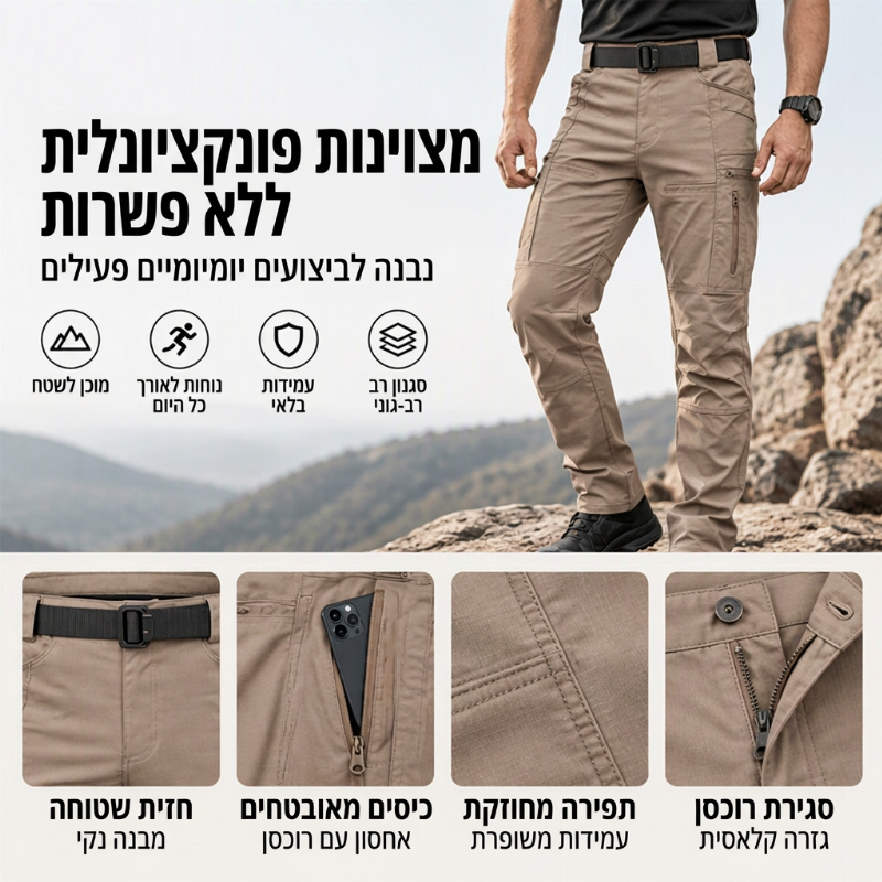 מכנסי טקטיקה לצד גברים, חתך דק, לפעילויות חוץ