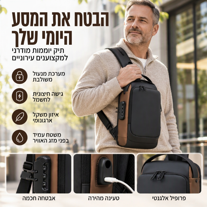 תיק גנגסטר נגד גניבה עם יציאת טעינה USB לגברים