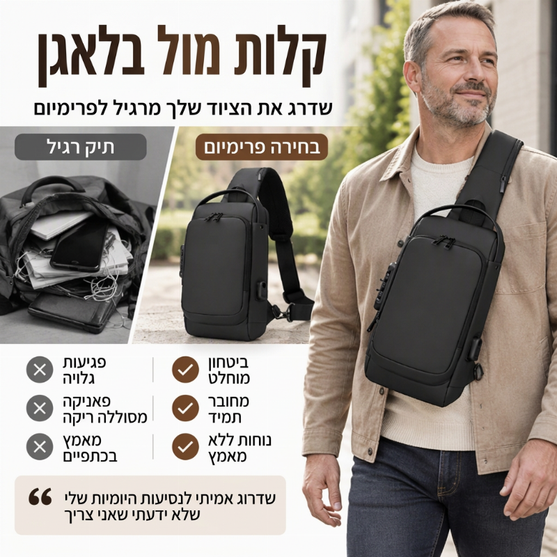 תיק גנגסטר נגד גניבה עם יציאת טעינה USB לגברים