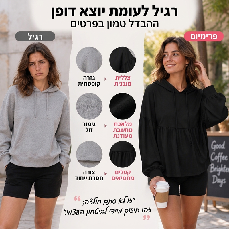 סווטשירט עם ברדס לנשים עם שוליים מעוצבים, חתך רחב