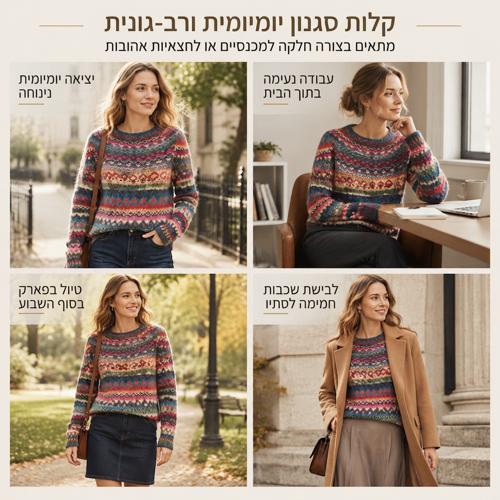 סוודר נשים רפויה צווארון עגול צבע חסום סריגה פולובר