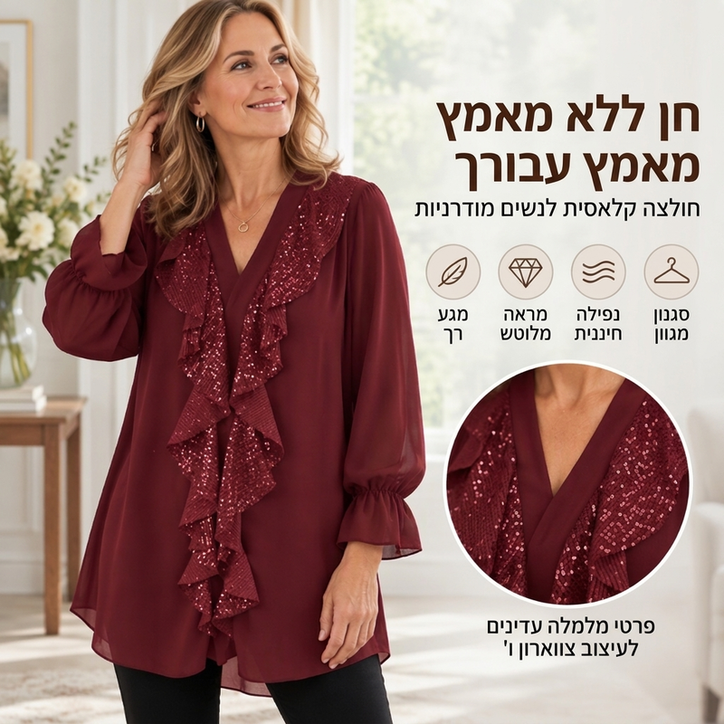 חולשת נשים עם צווארון V, פאייטים ותפרי שיפון