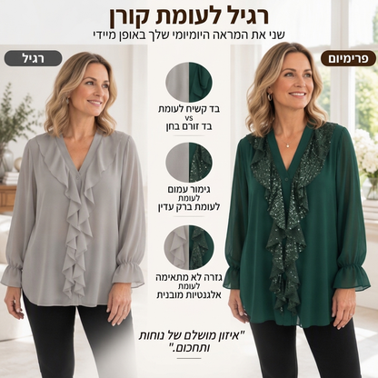 חולשת נשים עם צווארון V, פאייטים ותפרי שיפון