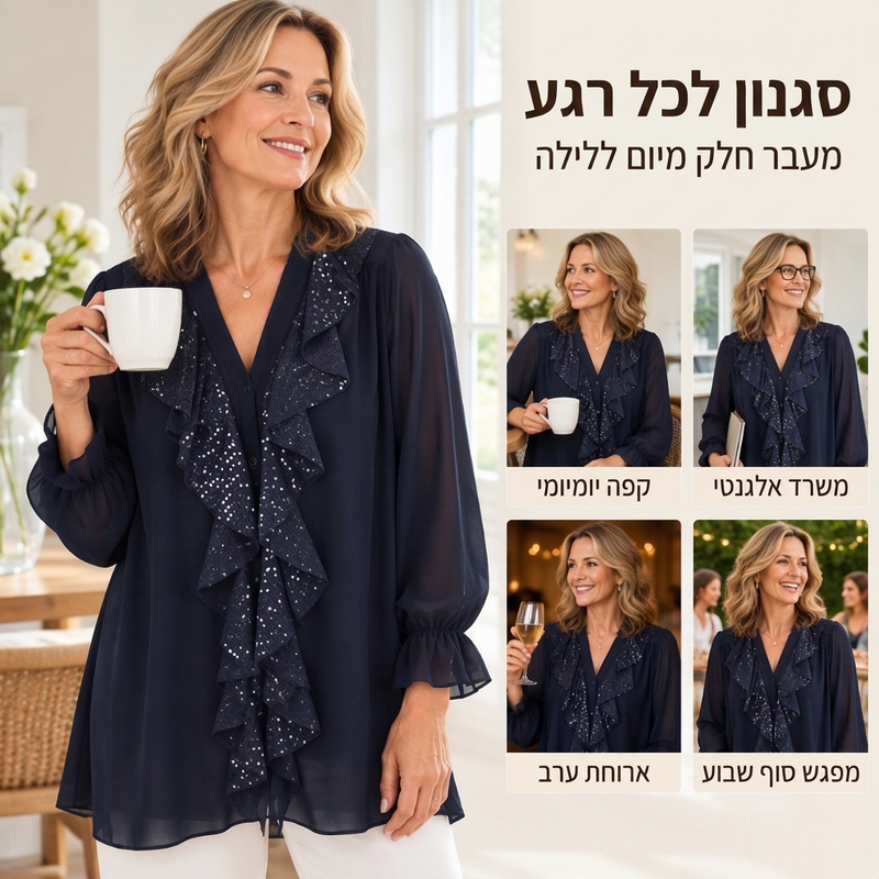 חולשת נשים עם צווארון V, פאייטים ותפרי שיפון