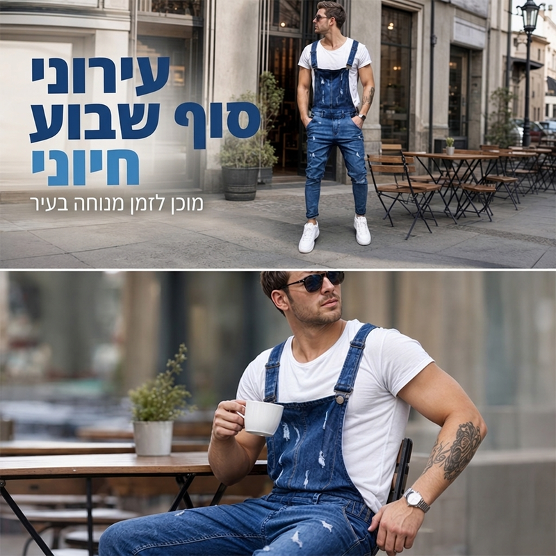 סרבל ג'ינס לגבר, קרוע ומשומש בסגנון וינטג'