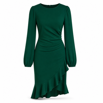 שמלת Bodycon נשית עם שרוולים נפוחים בצבע אחיד
