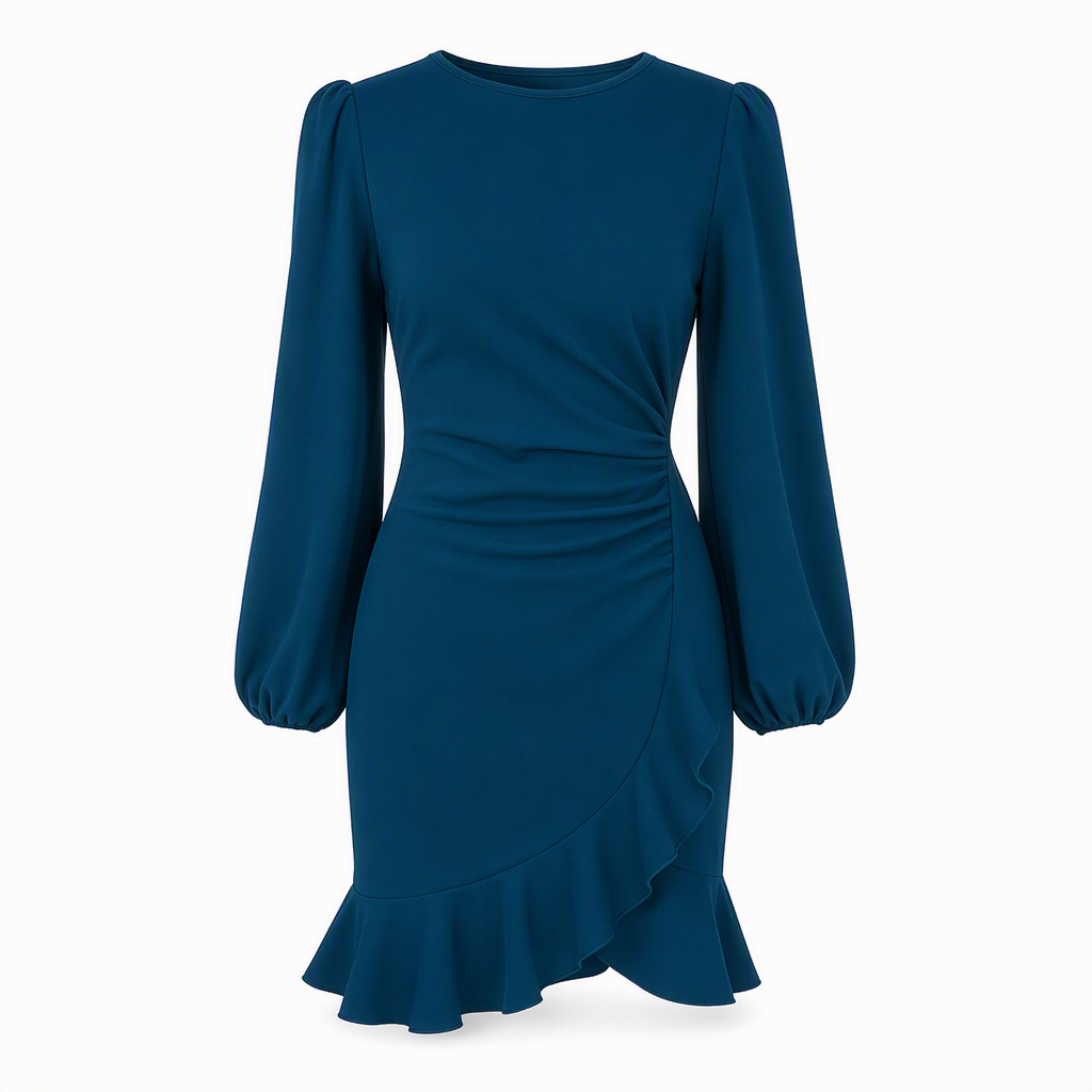 שמלת Bodycon נשית עם שרוולים נפוחים בצבע אחיד