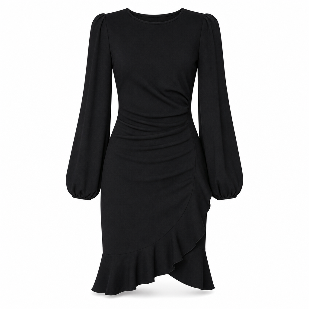 שמלת Bodycon נשית עם שרוולים נפוחים בצבע אחיד
