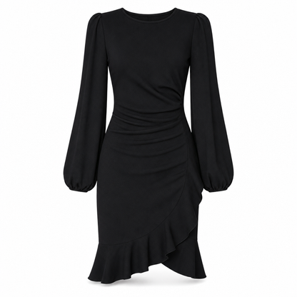 שמלת Bodycon נשית עם שרוולים נפוחים בצבע אחיד