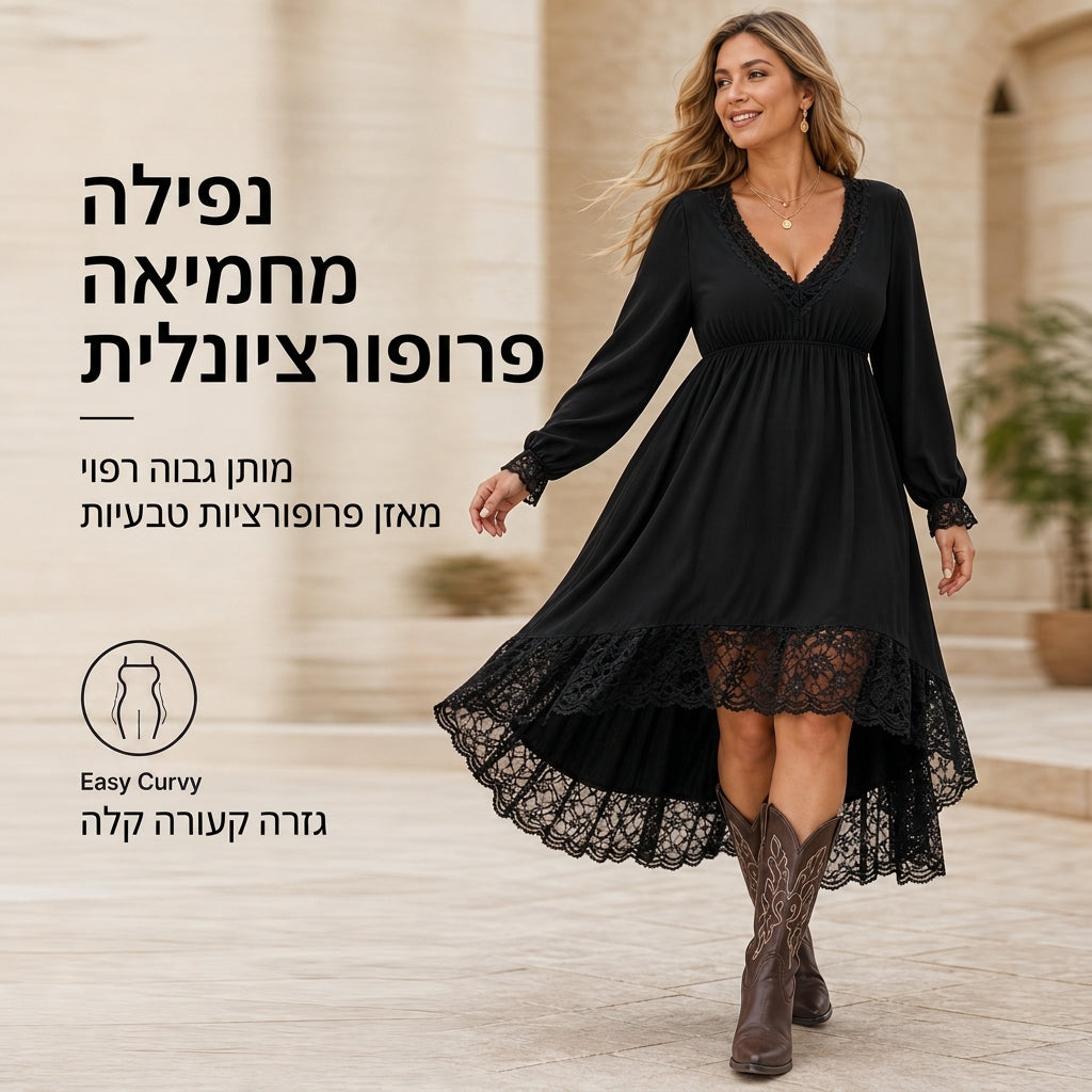 🖤 שמלת תחרה מעוטרת אלגנטית לנשים עם שוליים זורמים באורך לא אחיד ✨