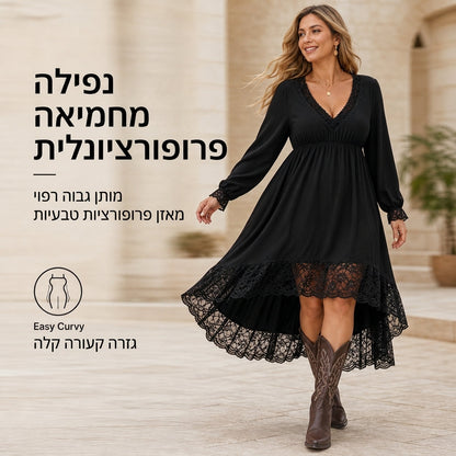 🖤 שמלת תחרה מעוטרת אלגנטית לנשים עם שוליים זורמים באורך לא אחיד ✨
