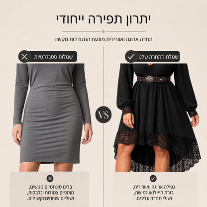 🖤 שמלת תחרה מעוטרת אלגנטית לנשים עם שוליים זורמים באורך לא אחיד ✨