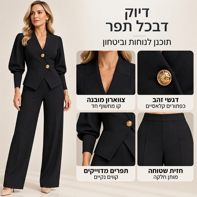 סט אלגנטי של בלייזר עם שרוולים נפוחים ומכנסיים רחבים לנשים